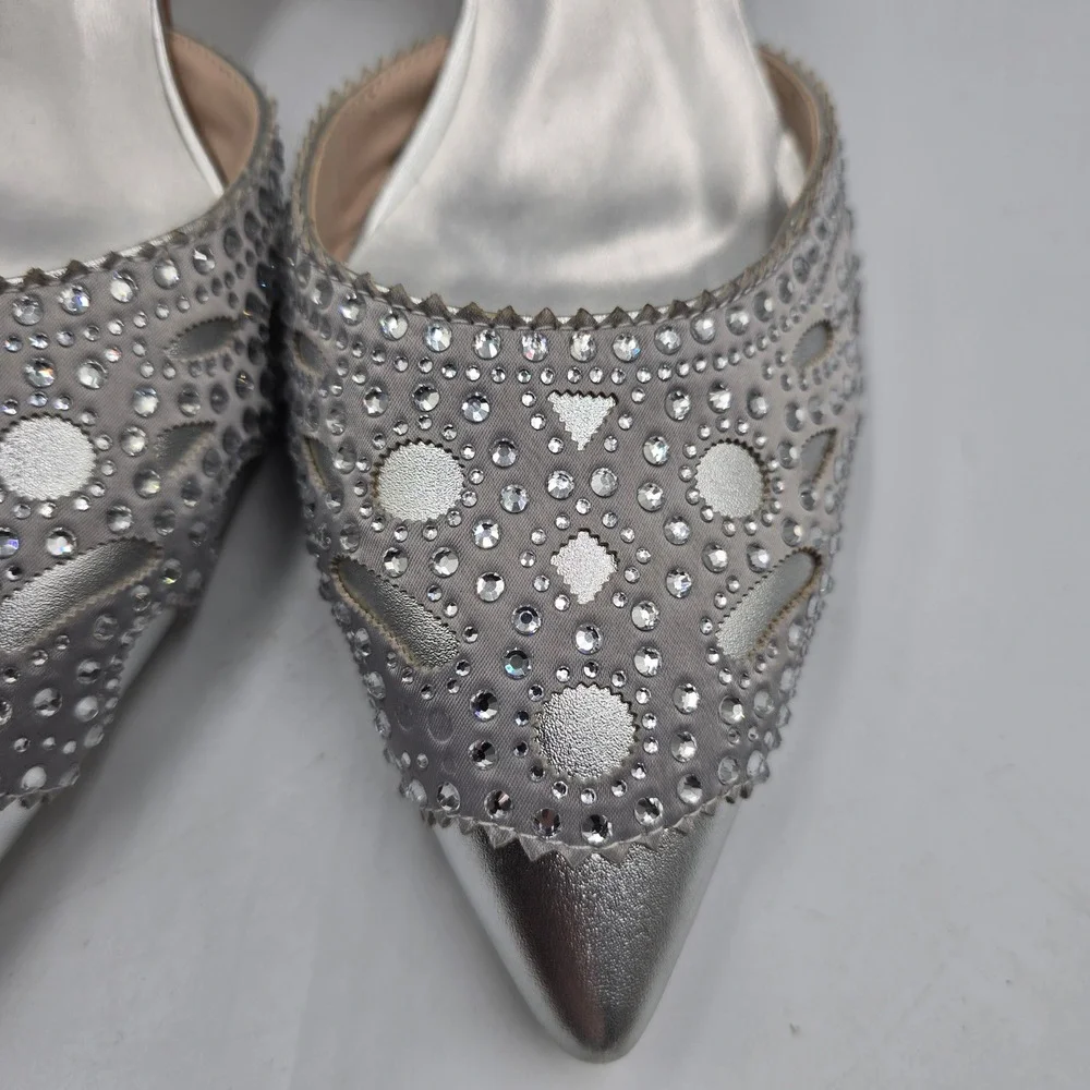 XYD Heels Women 14 D'Orsay Kitten Silver Rhinestone Laser Cut Scalloped Big Girl